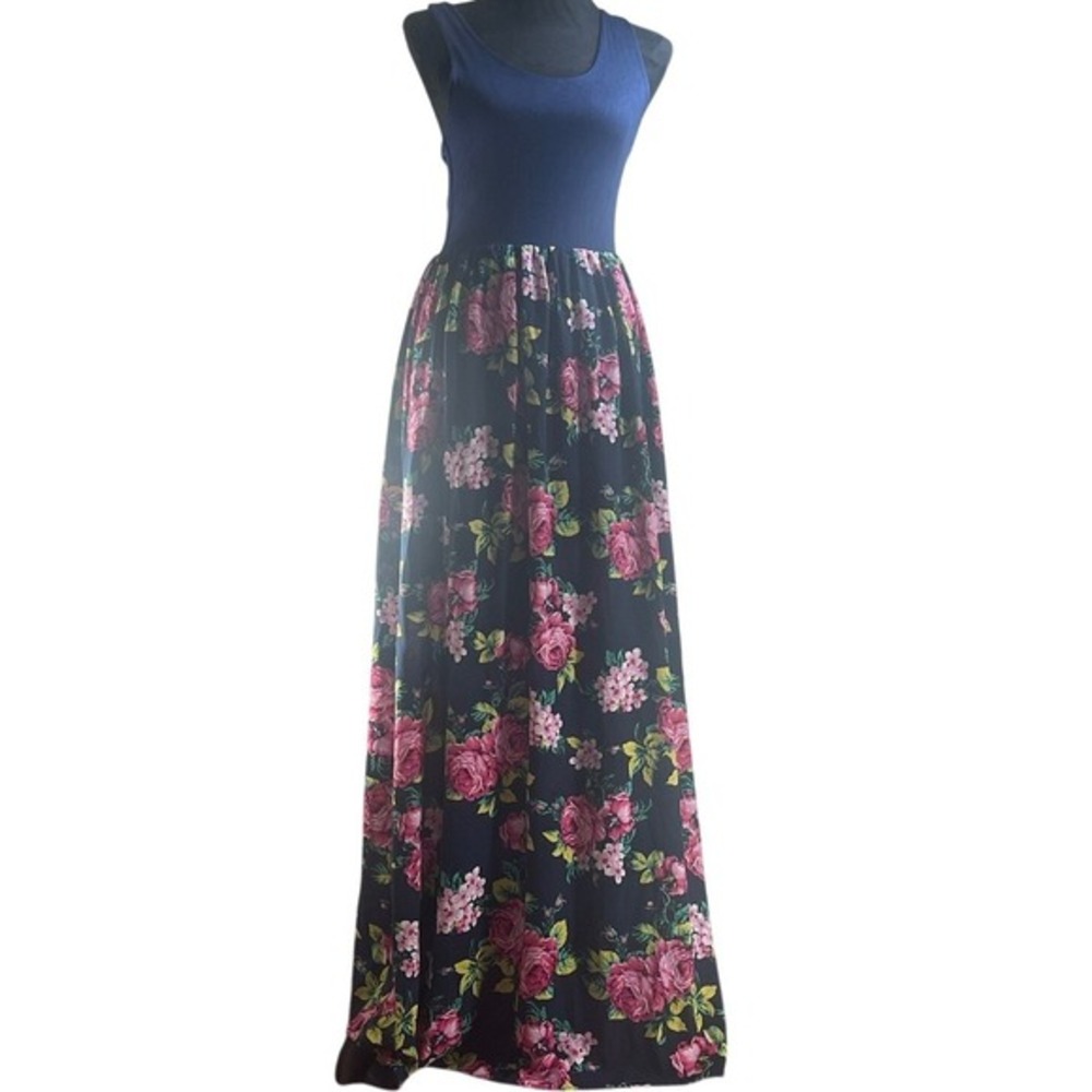 Navy Blue Floral Maxi Dress Sleeveless Casual Spring Summer Sun‎ Dress romantic